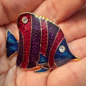 Fish Brooch Vintage Enamel Rhinestone Statement Pin